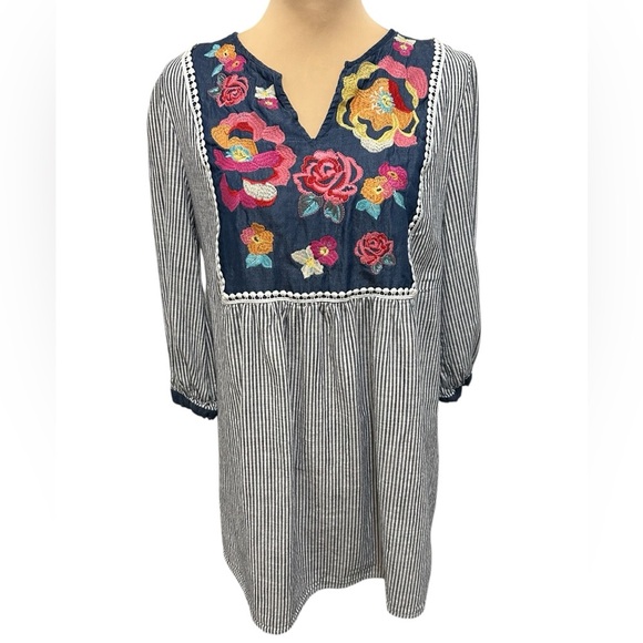 Angel Heart Embroidered Striped Dress Lined Women’s Medium Bohemian Gypsy Floral - Picture 1 of 13